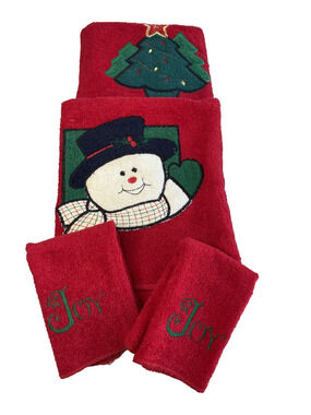 Christmas Towel Set by Cannon Vintage Red & Green Cotton Decorative Novelty XMas